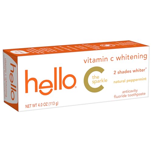 Hello Vitamin C Whitening Toothpaste with Fluoride, Teeth Whitening Toothpaste for Adults, Helps Freshen Breath and Removes Surface Stains, SLS Free, Natural Peppermint Flavor, 4.0 oz Tube