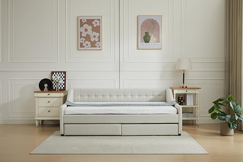 Rosevera Adrie Linen Upholstered Daybed with Button Tufting for Living Room Bedroom, Twin, Nature Beige