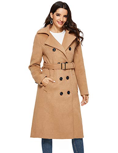Escalier Womens Wool Coat Double Breasted Pea Coat Winter Long Trench Coat with Belt Camel S