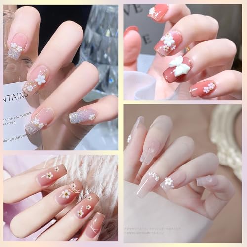 3D Pink Color White Flower Nail Charms Acrylic Bowknots Heart Nail Charms Tiny Flower Heart Pearls Nail Art Charms with Flatback Round Pearls Beads Charms for Nail Art DIY Crafting Decal Accessories