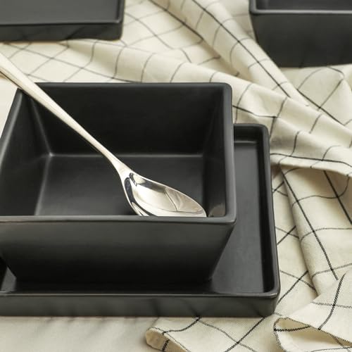 Stone Lain Grace Square Stoneware Dinnerware Set, 12 Piece Service For 4, Plates and Bowls Dish Set, Black