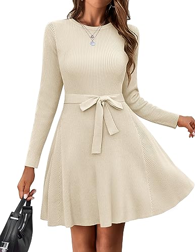 HOTOUCH Women Fall Rib Knit Pullover Sweater Casual Dress 2024 Long Sleeve Winter Dresses Slim Dress with Belt White M