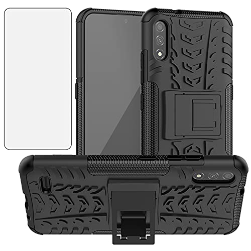 Phone Case for LG K22/K22+ Plus/K32 with Tempered Glass Screen Protector Cover and Stand Kickstand Hard Rugged Hybrid Protective Cell Accessories LGK22 K 22 LGK22plus LGK22case Cases Women Men Black