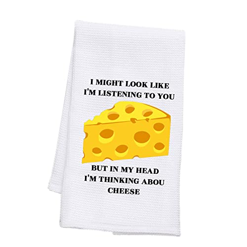 BDPWSS Funny Cheese Kitchen Towel Cheese Lover Gift I Might Look Like I'm Listening I'm Thinking About Cheese Dish Towel (Thinking Cheese TW)