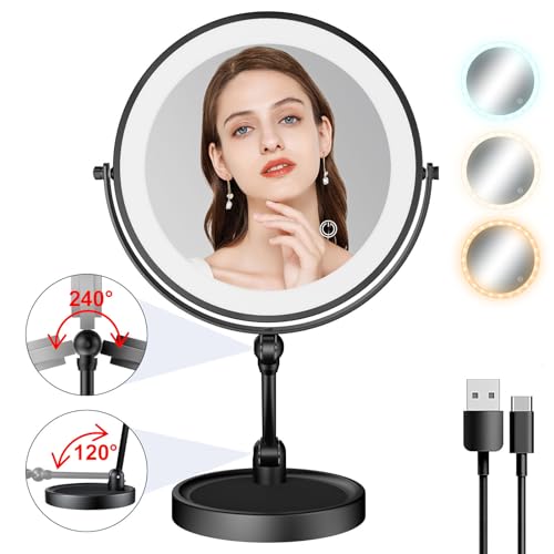 YMHSOLDR Makeup Mirror with Lights[Brightness Enhanced Version], Real 2000mah Rechargeable Double Sided 10x Magnifying Mirror with 3 Colors Table Vanity Mirror with Adjustable Height and Stand,Black