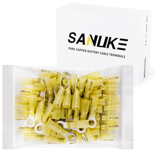 Sanuke 105Pcs 22-16 AWG - 1/4" Heat Shrink Ring Terminals 0.7mm Tinned Pure-Copper Marine Grade Waterproof Heat Shrink Wire Connectors Red