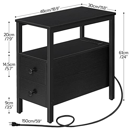 HOOBRO End Table with Charging Station, Narrow Side Table with 2 Drawer & USB Ports & Power Outlets, Nightstand for Small Spaces, Stable and Sturdy, for Living Room, Bedroom, Black BK541BZ01