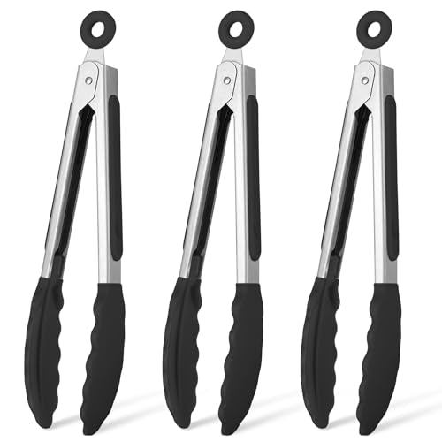 Hotec Mini Silicone Kitchen Tongs for Cooking - 7-Inch Small Serving Tongs with Silicone Tips, Set of 3 (Black)