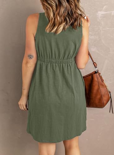 Summer Dresses for Women Sleeveless Casual Sundresses Floral Sun Dress with Pockets Blue Green Leaf M