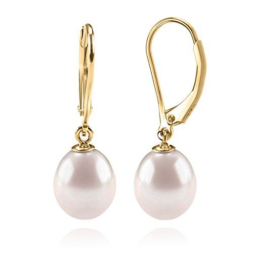 PAVOI 14K Yellow Gold Plated Freshwater Cultured Pearl Earrings Leverback Dangle Studs - Handpicked AAA 7mm