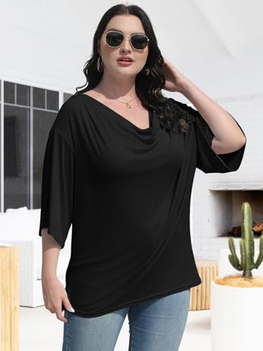 MK Shop Limited Plus Size Tops for Women Dressy 2024 Summer Casual 3/4 Sleeve Shirts Trendy Folded Neck Tee Slim Fit Short Sleeve Blouses Going Out Loose Outfits Black