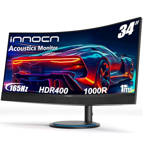 INNOCN 34" Curved Ultrawide Gaming Monitor 3440 x 1440p 165Hz PC Computer Monitor Gamer, USB Type C Power Delivery, HDMI, DP, Built-in 2.1 Stereo Speakers, Charger Pad, Black, 34G1R