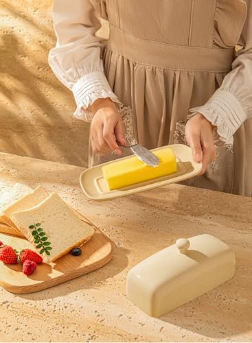 Sweese Butter Dish with Lid, Porcelain Butter Keeper, 7.8 Inch Butter Holder with Handle Cover, Butter Container Perfect for East West Coast Butter, Beige