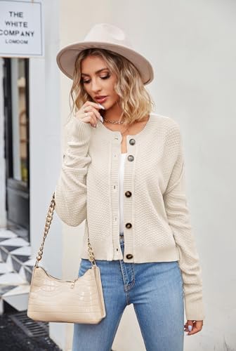 cosofme Women's Cardigan Sweaters Fall Long Sleeve Open Front Button Down Cable Knit Cropped Cardigans Beige