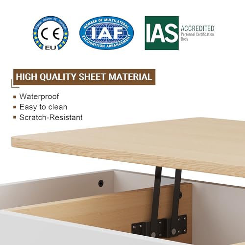 Shintenchi Coffee Table, Lift Top Coffee Table with Hidden Compartment, Rising Tabletop Dining Table, Lift Top Coffee Center Table for for Living Room, Office, Home (Ivory)
