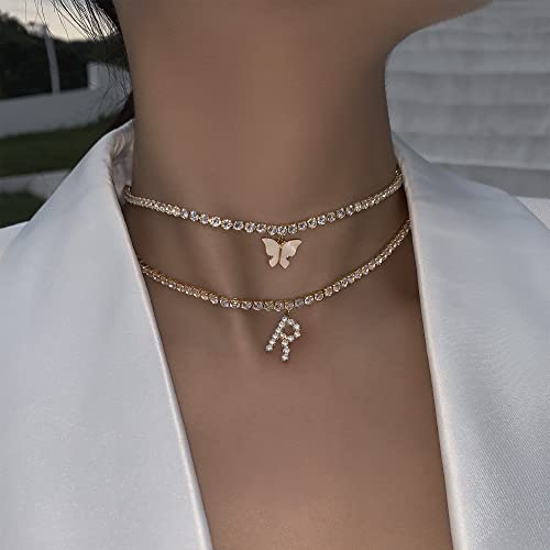 Rose Gold Initial Necklaces for Women, 14K Rose Gold Plated Tennis Chain Necklace Cubic Zirconia Initial Tennis Necklace, Bling CZ Letter Tennis Necklace for Women Initial R Necklace