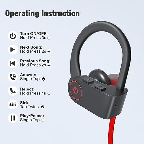 JOYWISE Bluetooth Headphones Wireless Earbuds 16H Playtime Wireless Headphones IPX7 Waterproof Bluetooth 5.3 Running Headphones with Mic Stereo In Ear Earphones Sound Isolation for Workout, Sports Red