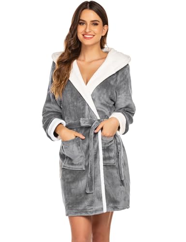 HOTOUCH Robes for Women with Hood Short Soft Warm Sleepwear Luxurious Plush Fleece Winter Robes Cream M