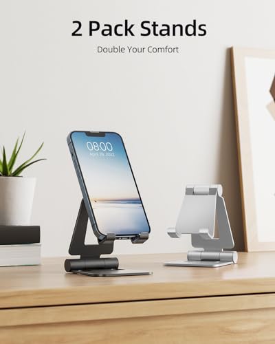 Nulaxy 2 Pack Dual Folding Cell Phone Stand, Fully Adjustable Foldable Desktop Phone Holder Cradle Dock Compatible with Phone 15 14 13 12 Pro Xs Xs Max Xr X 8, All Phones, Black & Silver