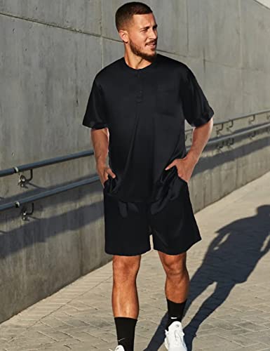 SWOMOG Men Satin Pajamas Set Short Sleeve Silk Sleepwear Button Down 2 Piece Loungewear with Pockets Black Small