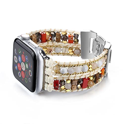 CHARMINGO Boho Apple Watch Band, Multilayer Beaded Leather Strap, 38mm-45mm, 14.5-20cm