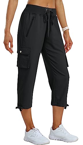 MoFiz Women's Cargo Capris Pants Loose Fit Casual Hiking Pants Lightweight Quick Dry Travel Summer Pants for Women Black XS