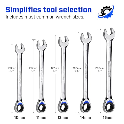 ironcube Ratcheting Combination Wrench Set: 5-Piece Metric 10mm to 15mm CR-V Steel 72 Tooth Gear with Quick Access Organizer For Vehicle or Motorcycle Backup Tools