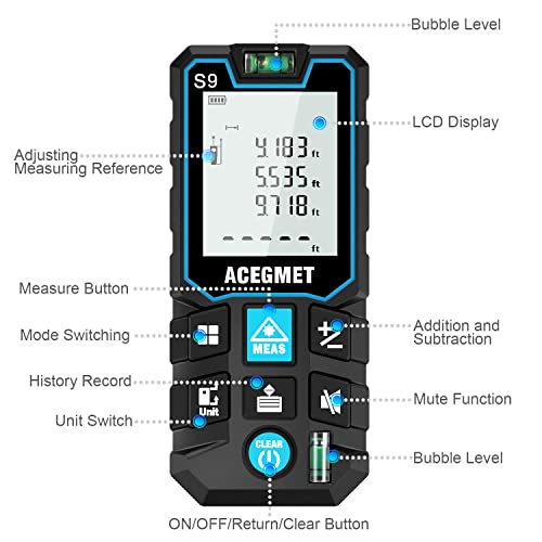 Laser Measurement Tool, ACEGMET 393 Ft Laser Tape Measure ±1/16-inch Accuracy, M/in/Ft Unit Switching Backlit LCD with Mute Button Laser Measure, Pythagorean Mode, Area and Volume Digital Tape Measure
