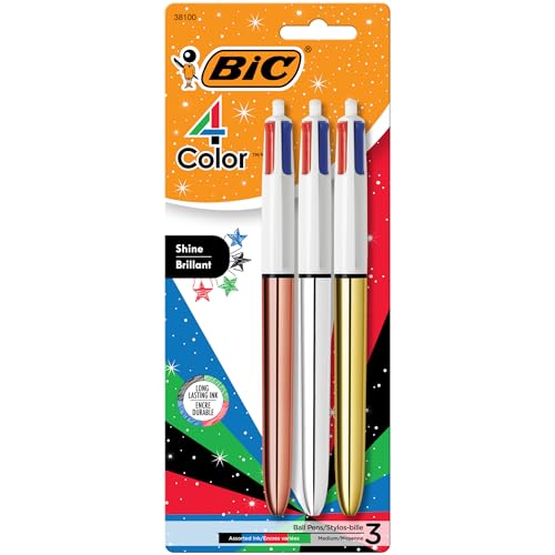 BIC 4-Color Shine Retractable Metallic Ball Pens, Medium Point (1.0mm), 3-Count Pack, Retractable Ball Pen With Long-Lasting Ink