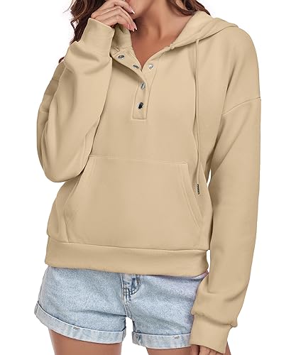 FKEEP Women Hoodies Casual Button Down Sweatshirt Drawstring Long Sleeve Pullover Fall Winter Clothes with Pockets Wine Red