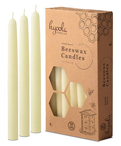 8" Beeswax Taper Candles 12 Pack - Handmade, All Natural, 100% Pure Unscented Bee Wax Candle - Tall, Decorative, White - 8 Hour Burn Time