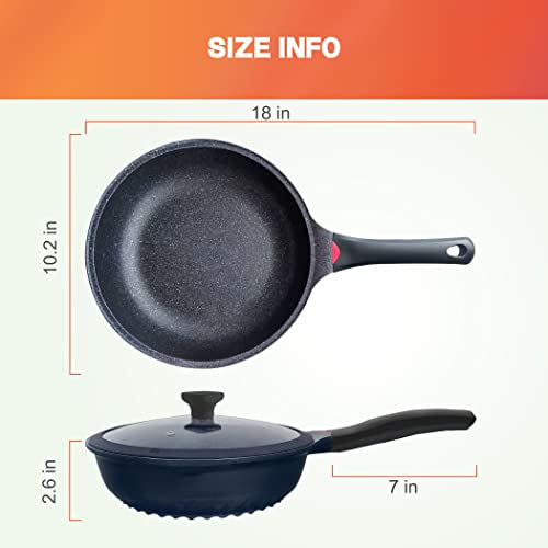 Vinchef Nonstick Skillet with Lid, 9.5In/3Qt Aluminum Saute Pan with Lid and Heat Indicator, German C3+ Non Sticking Coating- Induction Deep Frying Pan, Black