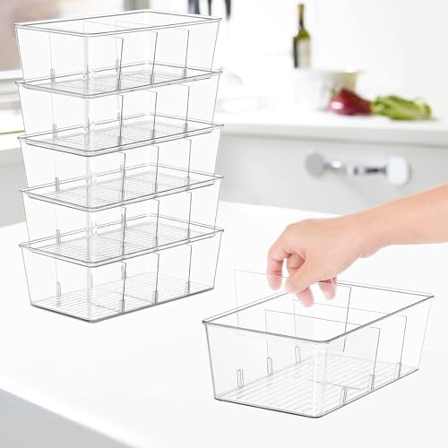 wilfox Pantry Organization, 3 Pack Clear Organizer Bins with Removable Dividers for Pantry, Kitchen, Fridge, Cabinet, Stackable Storage Bins for Snack, Pouches, Spice Packets