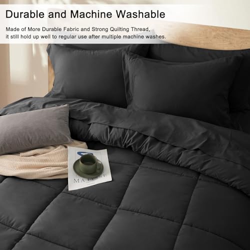 PHF 5 Pieces Twin Comforter Set Black, Bed in a Bag Comforter & 18" Sheet Set All Season, Ultra Soft Noiseless Bedding Sets with Comforter, Sheets, Pillowcase & Sham