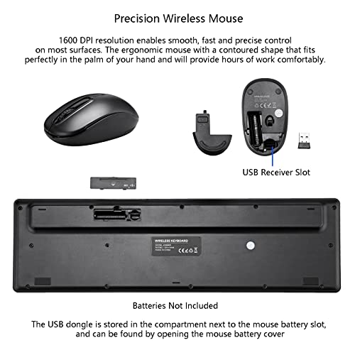 Wireless Keyboard and Mouse Combo, 2.4G Silent Cordless Keyboard Mouse Combo for Windows Chrome Laptop Computer PC Desktop, 106 Keys Full Size with Number Pad, 1600 DPI Optical Mouse (Black)