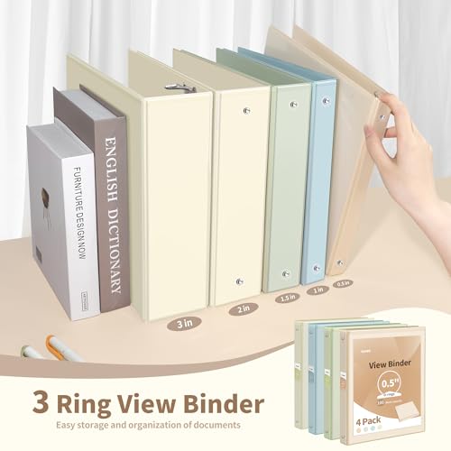 SUNEE 3 Ring Binder 1/2 Inch 4 Pack, Clear Half Inch View Binder Three Ring 0.5" PVC-Free (Fit 8.5x11 Inches) for School Slim Binder or Office Thin Binder Supplies, Neutral Aesthetic Binder