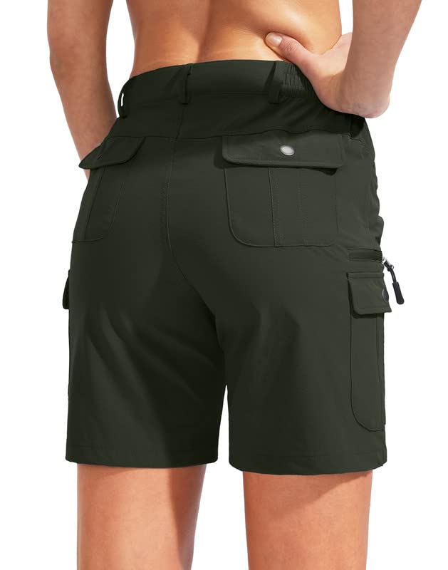 SANTINY Women's Hiking Cargo Shorts with 7 Pockets Lightweight Quick Dry 7 Inch Long Golf Shorts for Women Casual Summer (Khaki_L)