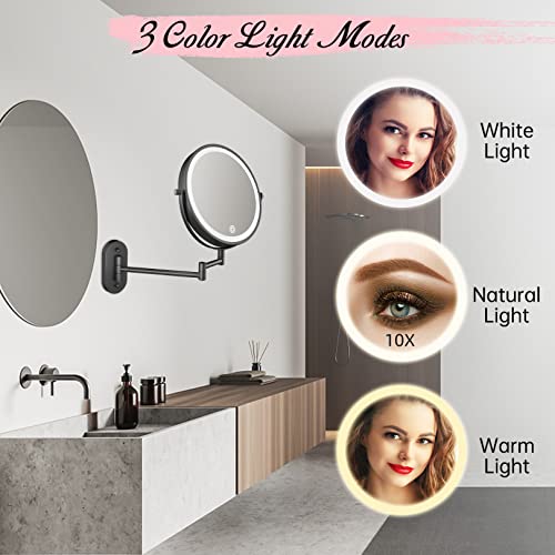 FASCINATE Rechargeable Wall Mounted Lighted Vanity Mirror 8 Inch 1X/10X Magnifying Makeup Mirror with 3 Color Lights, Double Sided Dimmable, 360 Degree Screen Touch,Bathroom Shaving Mirror (Black)