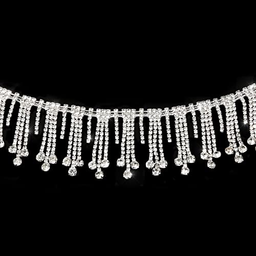 AWAYTR 1 Yard Rhinestone Fringe Trim - Crystal Rhinestone Tassel Chain for Jeans Clothing and DIY Crafts (Drop Tassel Chain,Sliver)