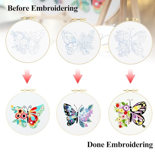 KAHEAUM Embroidery Kit for Beginners Adults Butterfly Cross Stitch Kits for Kids Gift Home,3 Set Advanced Starter Embroidery Patterns Fabric with Color Floss Thread Needle Scissors,3PCS Plastic Hoops