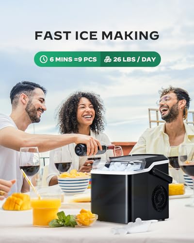 Silonn Countertop Ice Maker, 9 Cubes Ready in 6 Mins, 26lbs in 24Hrs, Portable Ice Machine with Self-Cleaning, 2 Sizes of Bullet Ice for Home/Kitchen/Party/RV, Black