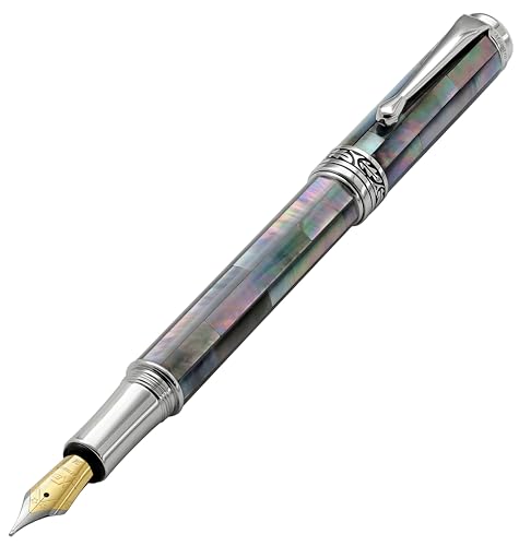 Xezo Maestro Fountain Pen, Medium Nib. Handcrafted with Black Mother of Pearl Inlay. Platinum Plated. Limited Edition, Serialized. No Two Alike