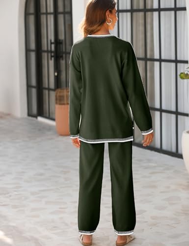 Tanming Women's Sweater Sets 2 Piece Outfits Knitted Pullover Jumper and Wide Leg Pants Tracksuit(ArmyGreen-XS)