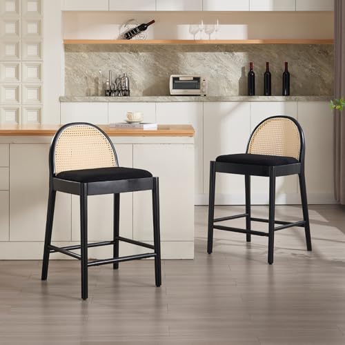 HEAH-YO Rattan Counter Stools Set of 2, 26 Inches Counter Height Bar Stools with Backrests and Wood Legs, Upholstered Sherpa Rattan Kitchen Stool for Island, Black