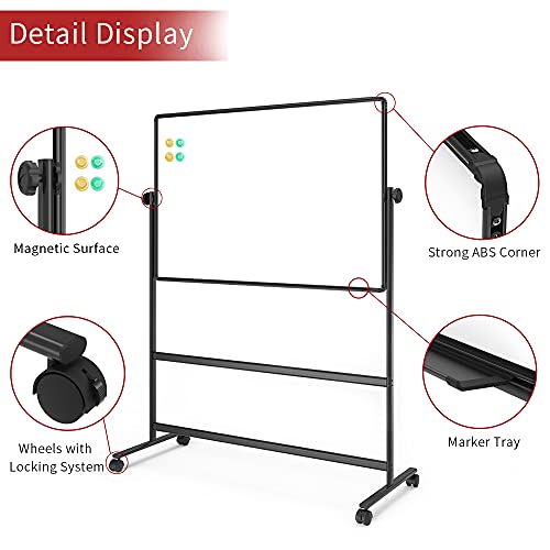 VIZ-PRO Double-Sided Magnetic Mobile Whiteboard, 48 x 32 Inches, Height Adjustable Rolling Dry Erase Board Black with 4 Markers, 6 Magnets, 1 Eraser and 2 Hooks