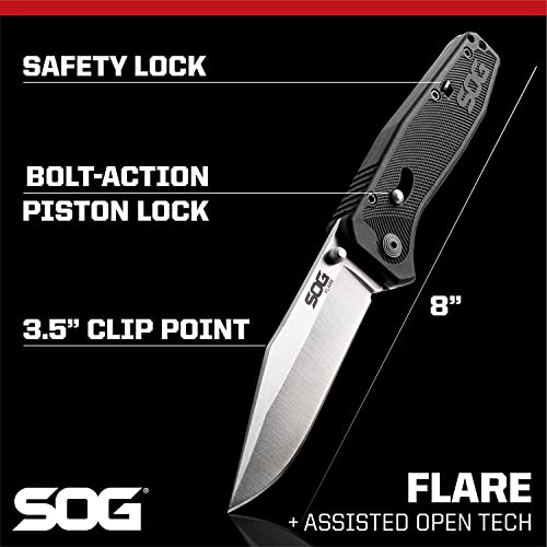 SOG Flare Folding and Pocket Knife Assisted Opening Tech Knife w/ 3.5 Inch Stainless Straight Edge Blade & Tactical Knife GRN Grip (FLA1001-CP), Black