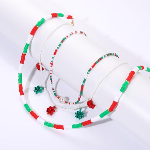 Christmas Bow Heishi Bead Choker Necklace For Woman Xmas Bows Pearl Polymer Clay Record Disc Beads Layered Necklace Boho Beach Necklace jewelry (Christmas bow chokers)