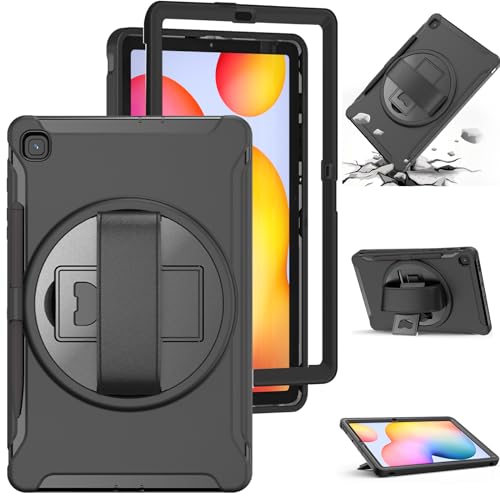 Junfire Galaxy Tab S6 Lite Case 2024/2022/2020, Shockproof Protective Samsung Tab S6 Lite 10.4 inch Case with Stylus Holder/Hand Strap/Kickstand, SM-P620/P625/P610/P613/P615/P619-Black