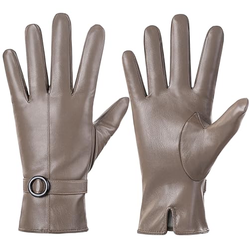 Womens Winter Leather Gloves Touchscreen Texting Warm Driving Lambskin Gloves (Beige, S)