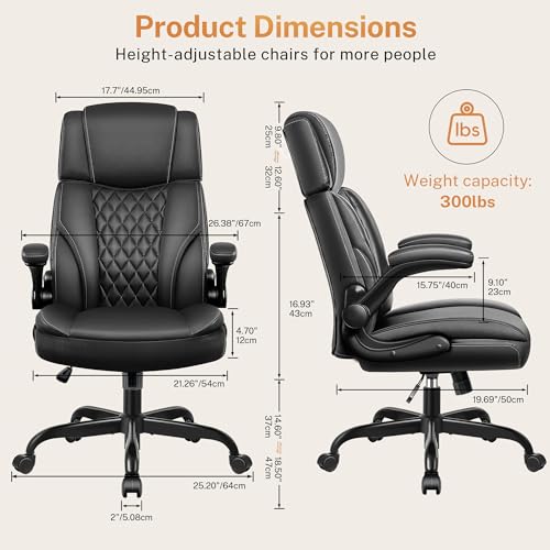 BestGlory Office Chair Flip Up Arms, Executive Leather Office Chair Ergonomic Desk Chair with Lumbar Support, Adjustable Headrest, Computer Chair Home Office Desk Chair with Rocking Function